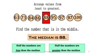 97
84
73 88 100
63 97
95
86
The median is 88.
Half the numbers are
less than the median.
Half the numbers are
greater than the median. 22
@ThiyaguSuriya
 