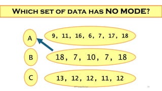 Which set of data has NO MODE?
13, 12, 12, 11, 12
9, 11, 16, 6, 7, 17, 18
18, 7, 10, 7, 18
A
C
B
31
@ThiyaguSuriya
 