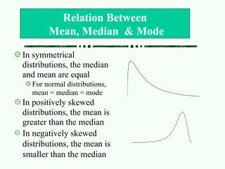 In symmetrical
distributions, the median
and mean are equal
For normal distributions,
mean = median = mode
In positively skewed
distributions, the mean is
greater than the median
In negatively skewed
distributions, the mean is
smaller than the median
Relation Between
Mean, Median & Mode
 