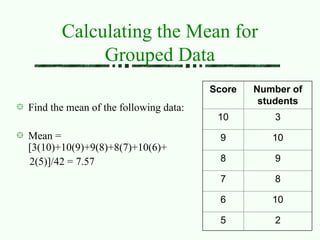 Find the mean of the following data:
Mean =
[3(10)+10(9)+9(8)+8(7)+10(6)+
2(5)]/42 = 7.57
Score Number of
students
10 3
9 10
8 9
7 8
6 10
5 2
Calculating the Mean for
Grouped Data
 