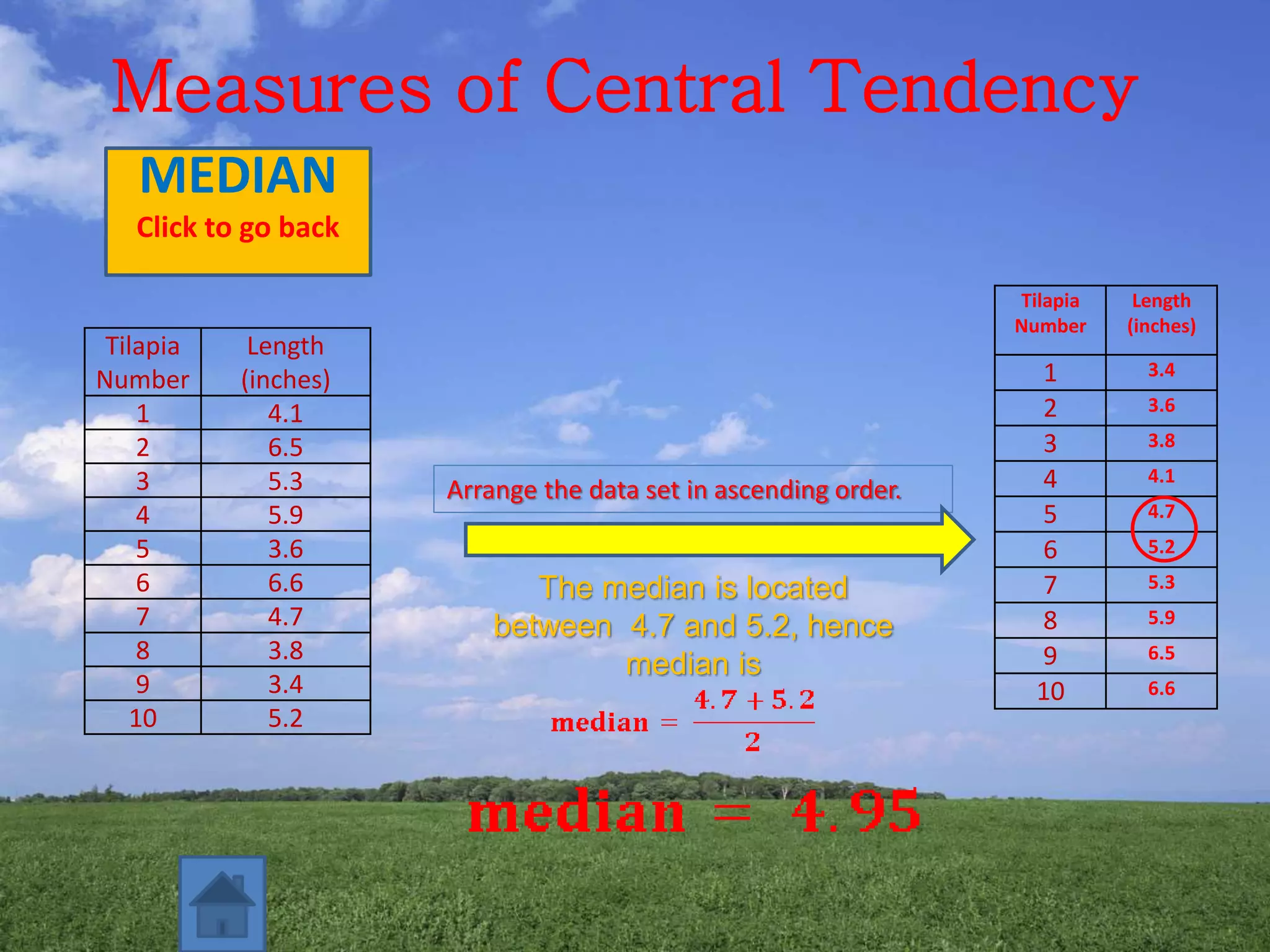 Measures of Central Tendency
MEDIAN
Click to go back
Tilapia
Number
Length
(inches)
1 4.1
2 6.5
3 5.3
4 5.9
5 3.6
6 6.6
7 4.7
8 3.8
9 3.4
10 5.2
Tilapia
Number
Length
(inches)
1 3.4
2 3.6
3 3.8
4 4.1
5 4.7
6 5.2
7 5.3
8 5.9
9 6.5
10 6.6
Arrange the data set in ascending order.
The median is located
between 4.7 and 5.2, hence
median is
 