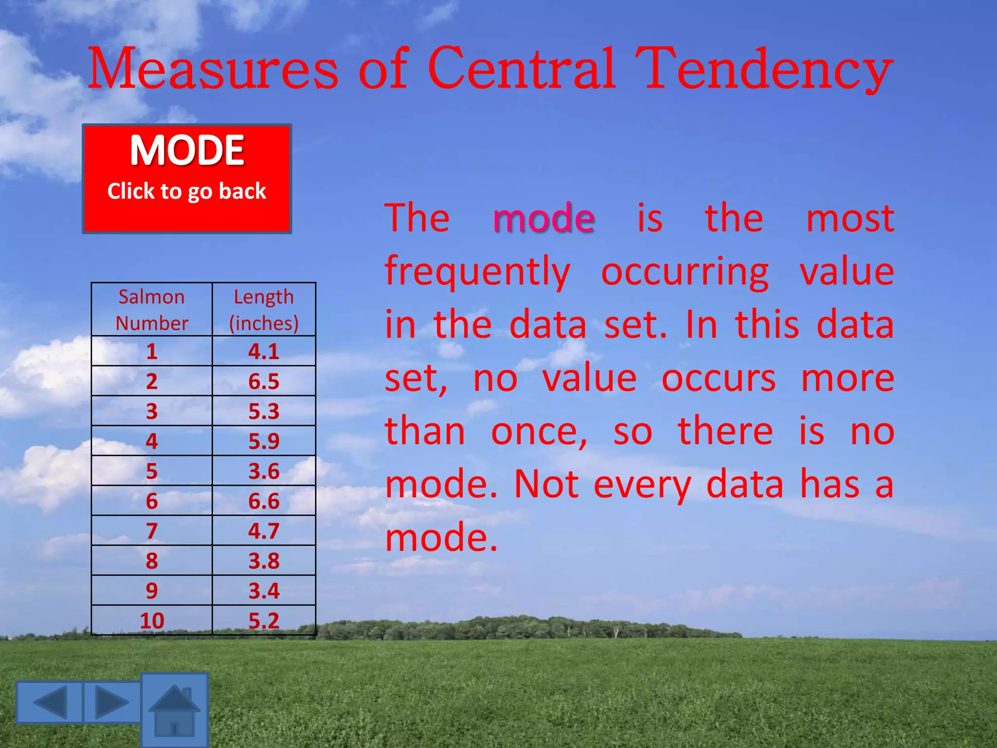 Measures of Central Tendency
Click to go back
The mode is the most
frequently occurring value
in the data set. In this data
set, no value occurs more
than once, so there is no
mode. Not every data has a
mode.
Salmon
Number
Length
(inches)
1 4.1
2 6.5
3 5.3
4 5.9
5 3.6
6 6.6
7 4.7
8 3.8
9 3.4
10 5.2
 