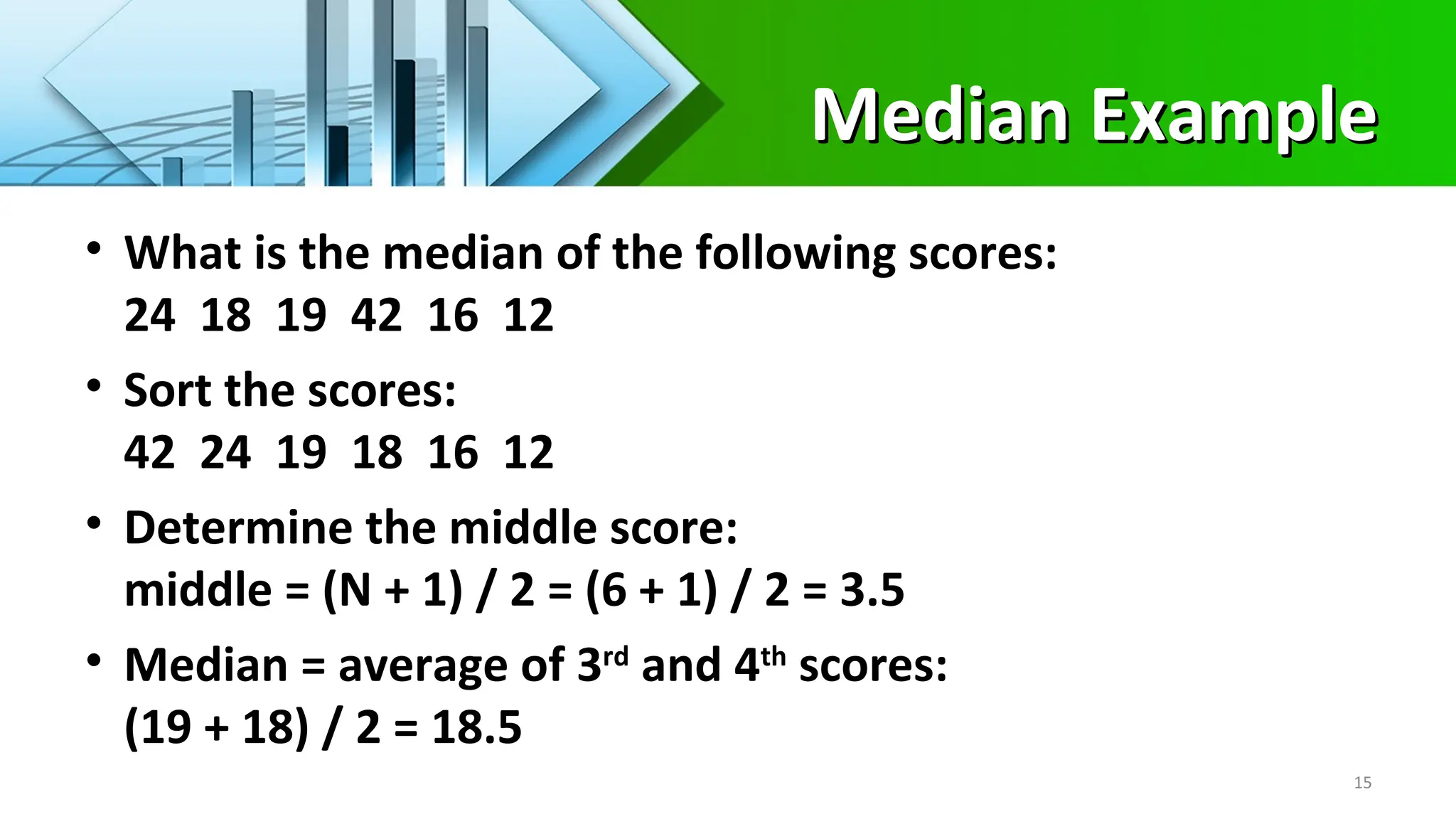 Median Example
Median Example
• What is the median of the following scores:
24 18 19 42 16 12
• Sort the scores:
42 24 19 18 16 12
• Determine the middle score:
middle = (N + 1) / 2 = (6 + 1) / 2 = 3.5
• Median = average of 3rd
and 4th
scores:
(19 + 18) / 2 = 18.5
15
 