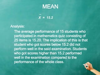 MEAN
Analysis:
The average performance of 15 students who
participated in mathematics quiz consisting of
25 items is 15.20...