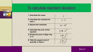 Slide 21 21
To calculate standard deviation
1. Calculate the mean
x
2. Calculate the residual for
each x
xx
3. Square the residuals 2
)( xx
4. Calculate the sum of the
squares
2
xx
5. Divide the sum in Step 4 by
(n-1)
1
2
n
xx
6. Take the square root of
quantity in Step 5 1
2
n
xx
 