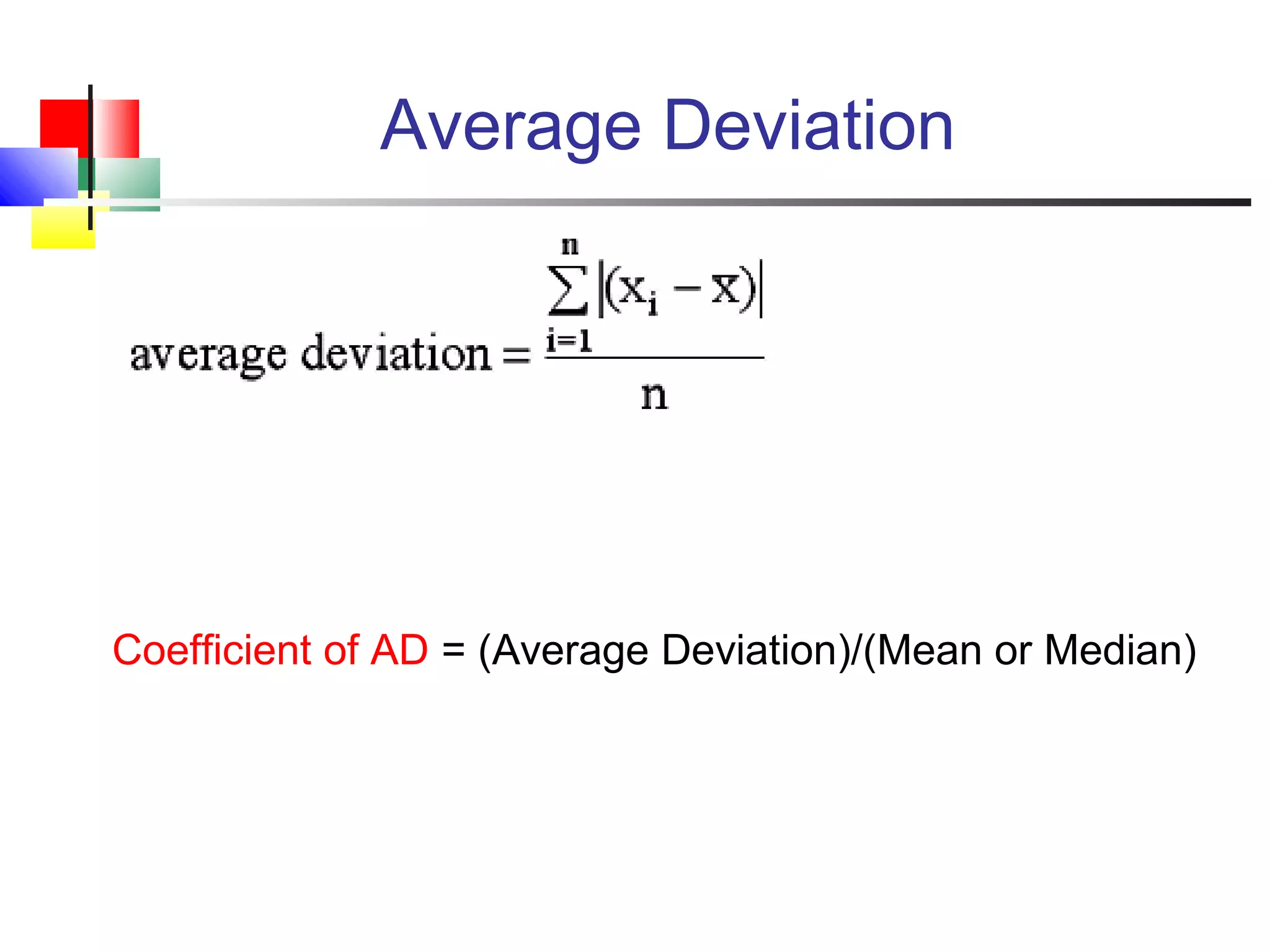 Average Deviation
Coefficient of AD = (Average Deviation)/(Mean or Median)
 
