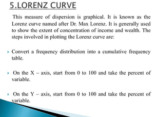 This measure of dispersion is graphical. It is known as the 
Lorenz curve named after Dr. Max Lorenz. It is generally used 
to show the extent of concentration of income and wealth. The 
steps involved in plotting the Lorenz curve are: 
 Convert a frequency distribution into a cumulative frequency 
table. 
 On the X – axis, start from 0 to 100 and take the percent of 
variable. 
 On the Y – axis, start from 0 to 100 and take the percent of 
variable. 
 