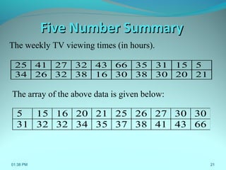21
The weekly TV viewing times (in hours).
25 41 27 32 43 66 35 31 15 5
34 26 32 38 16 30 38 30 20 21
The array of the above data is given below:
5 15 16 20 21 25 26 27 30 30
31 32 32 34 35 37 38 41 43 66
Five Number SummaryFive Number Summary
01:38 PM
 