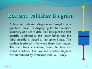 23
Box and Whisker DiagramBox and Whisker Diagram
A box and whisker diagram or box-plot is a
graphical mean for displaying the five number
summary of a set of data. In a box-plot the first
quartile is placed at the lower hinge and the
third quartile is placed at the upper hinge. The
median is placed in between these two hinges.
The two lines emanating from the box are
called whiskers. The box and whisker diagram
was introduced by Professor Jhon W. Tukey.
01:38 PM
 