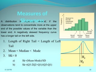39
A distribution is negatively skewed, if the
observations tend to concentrate more at the upper
end of the possible values of the variable than the
lower end. A negatively skewed frequency curve
has a longer tail on the left side.
1. Length of Right Tail < Length of Left
Tail
2. Mean < Median < Mode
3. SK< 0
a) Sk=(Mean-Mode)/SD
b) Sk=(Q3-2Q2+Q1)/(Q3-Q1)
01:38 PM
Measures of
Skewness
 