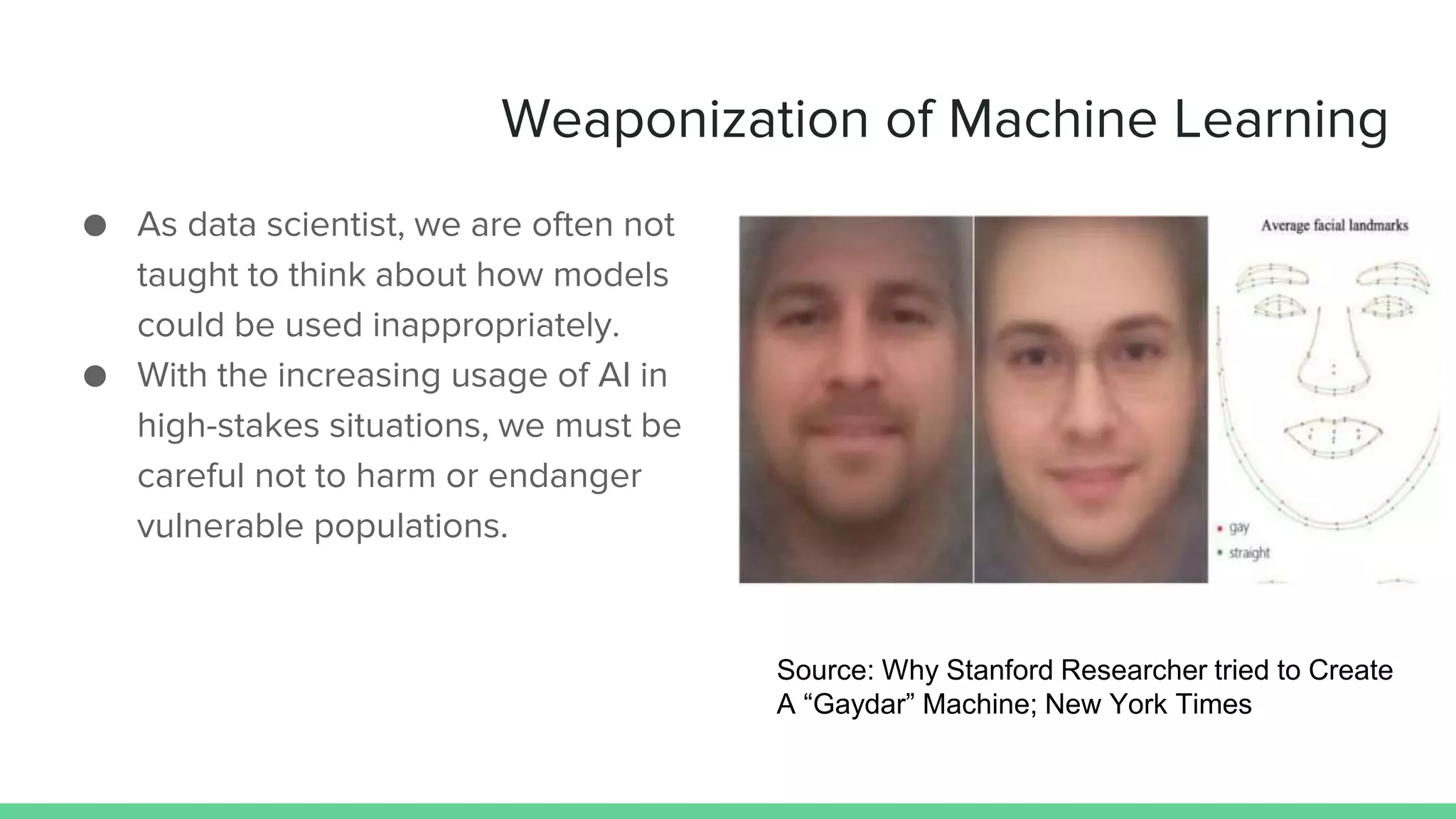 Weaponization of Machine Learning
● As data scientist, we are often not
taught to think about how models
could be used inappropriately.
● With the increasing usage of AI in
high-stakes situations, we must be
careful not to harm or endanger
vulnerable populations.
Source: Why Stanford Researcher tried to Create
A “Gaydar” Machine; New York Times
 