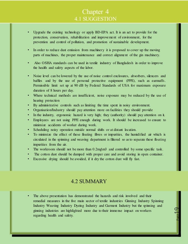 Measures of health and safety in textile industry