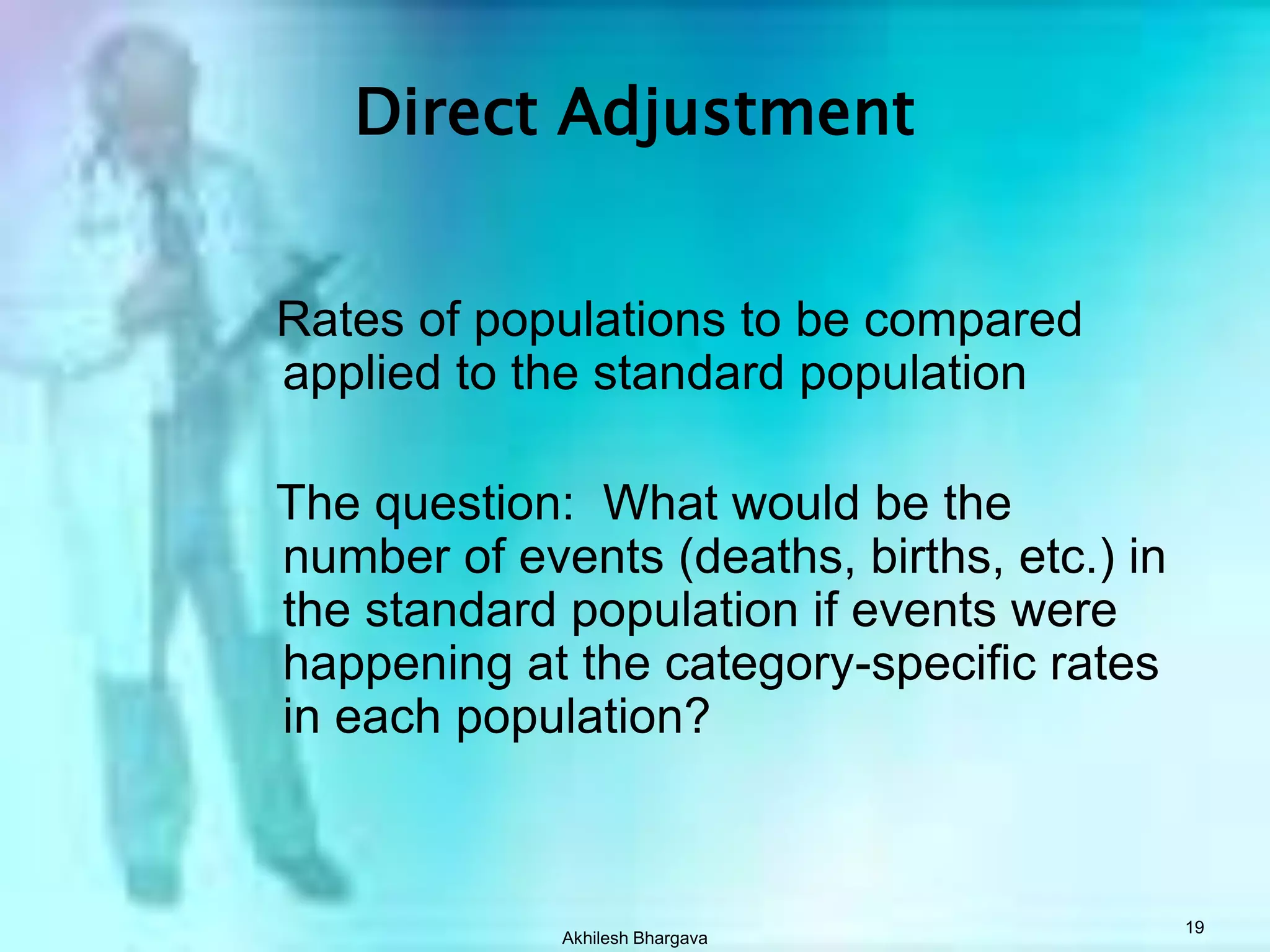 Akhilesh Bhargava18Adjusted Rates are Created Through StandardizationStandardization: The process by which you derive a summary figure to compare health outcomes of groupsThe process can be used for mortality, natality, or morbidity data.