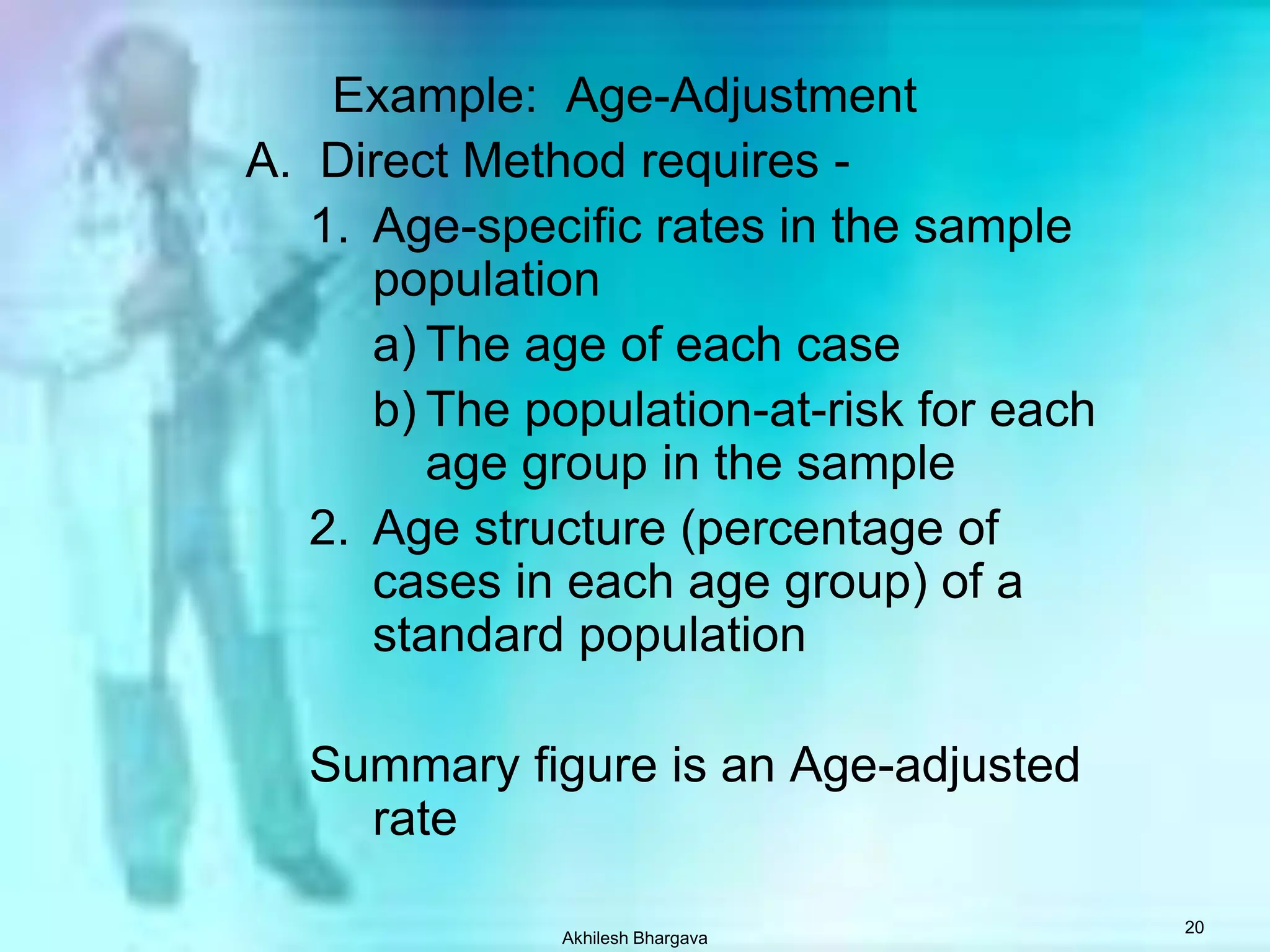 Akhilesh Bhargava19Direct Adjustment   Rates of populations to be compared applied to the standard population   The question:  What would be the number of events (deaths, births, etc.) in the standard population if events were happening at the category-specific rates in each population?