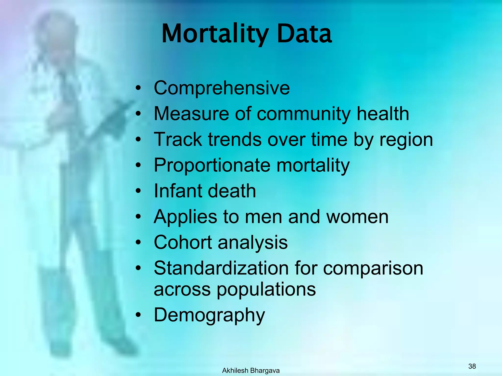 Akhilesh Bhargava37Vital StatisticsHistory U.S. census every 10 years since 1790Mid-point census since 1976Census Latin – to estimate or assessEnumerating the number of people in a given populationAge, sex, race, household relationships, marital status, number of rooms in house, length of time in residence, rental or ownership, value of homeSampling strategies for difficult to reach populations