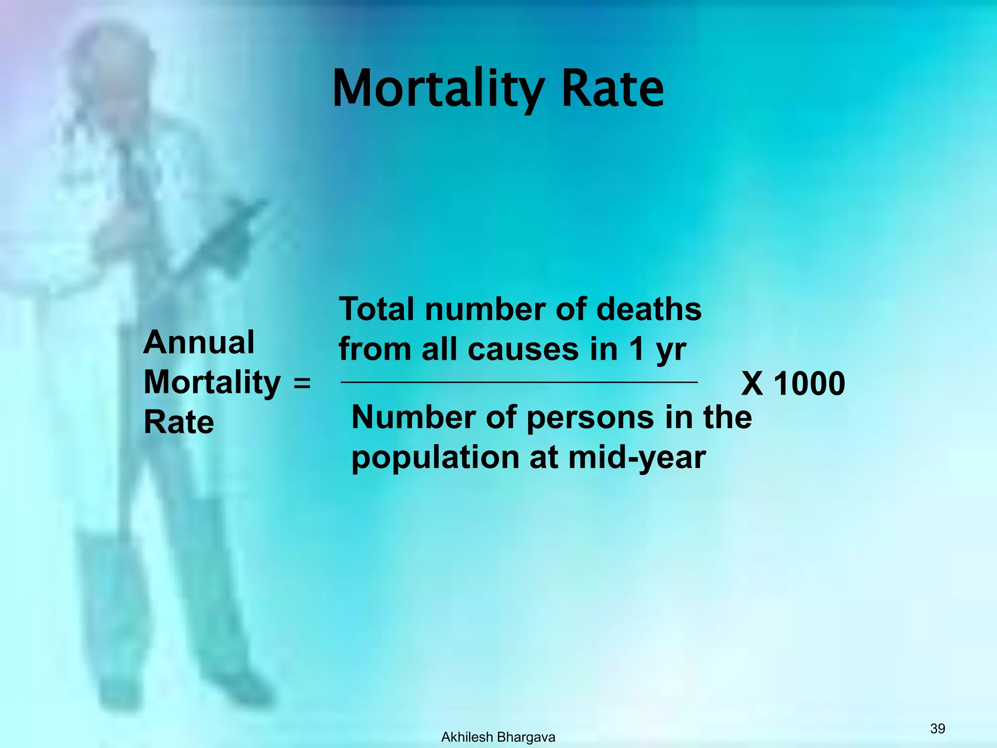 Akhilesh Bhargava38Mortality DataComprehensiveMeasure of community healthTrack trends over time by regionProportionate mortalityInfant deathApplies to men and womenCohort analysisStandardization for comparison across populationsDemography