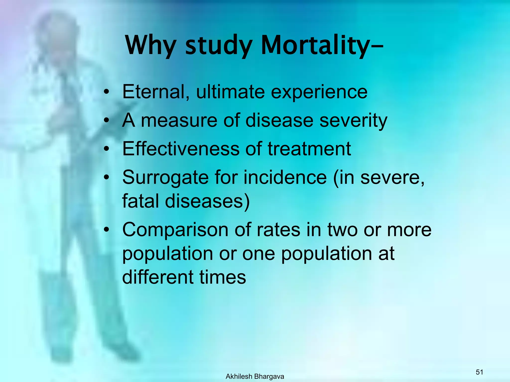 Akhilesh Bhargava50Measures of Mortality:Mortality rateCause specificAge specificCase-fatality rateProportionate mortality rateStandardized Mortality Rates
