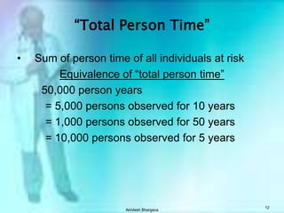 Akhilesh Bhargava12“Total Person Time” Sum of person time of all individuals at riskEquivalence of “total person time”        50,000 person years		= 5,000 persons observed for 10 years		= 1,000 persons observed for 50 years		= 10,000 persons observed for 5 years