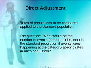 Akhilesh Bhargava18Adjusted Rates are Created Through StandardizationStandardization: The process by which you derive a summary figure to compare health outcomes of groupsThe process can be used for mortality, natality, or morbidity data.