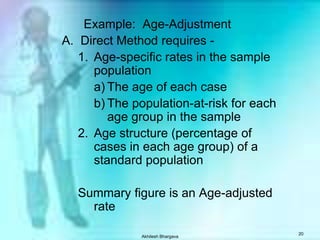 Akhilesh Bhargava19Direct Adjustment   Rates of populations to be compared applied to the standard population   The question:  What would be the number of events (deaths, births, etc.) in the standard population if events were happening at the category-specific rates in each population?