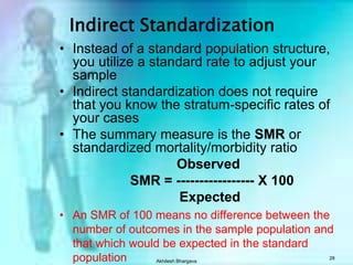 Akhilesh Bhargava26Indirect Adjustment    Rates of standard population applied to populations to be compared.   The question:  What would be the number of events (deaths, births, etc.) if the particular population was having events at the same category specific rates as the standard population?