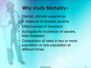 Akhilesh Bhargava50Measures of Mortality:Mortality rateCause specificAge specificCase-fatality rateProportionate mortality rateStandardized Mortality Rates