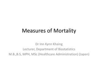 Measures of Mortality
Dr Inn Kynn Khaing
Lecturer, Department of Biostatistics
M.B.,B.S, MPH, MSc (Healthcare Administration) (Japan)
 