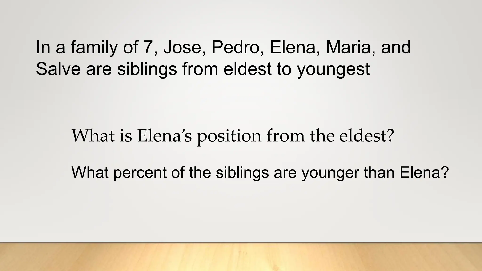 In a family of 7, Jose, Pedro, Elena, Maria, and
Salve are siblings from eldest to youngest
What is Elena’s position from the eldest?
What percent of the siblings are younger than Elena?