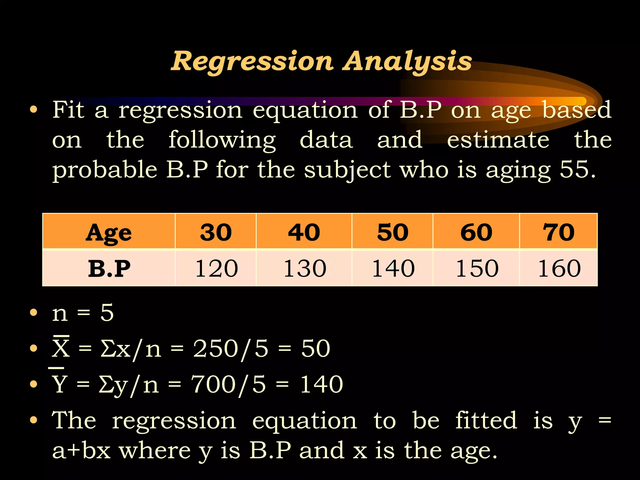 Regression Analysis
• Fit a regression equation of B.P on age based
on the following data and estimate the
probable B.P for the subject who is aging 55.
• n = 5
• X = Σx/n = 250/5 = 50
• Y = Σy/n = 700/5 = 140
• The regression equation to be fitted is y =
a+bx where y is B.P and x is the age.
Age 30 40 50 60 70
B.P 120 130 140 150 160
 