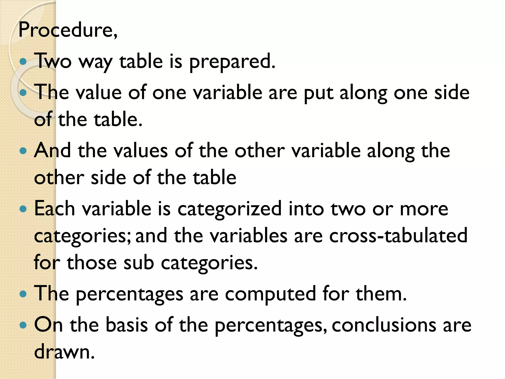 Procedure,
 Two way table is prepared.
 The value of one variable are put along one side
of the table.
 And the values of the other variable along the
other side of the table
 Each variable is categorized into two or more
categories; and the variables are cross-tabulated
for those sub categories.
 The percentages are computed for them.
 On the basis of the percentages, conclusions are
drawn.
 