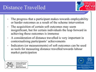 Distance Travelled
 •   The progress that a participant makes towards employability
     or harder outcomes as a result of the scheme intervention
 •   The acquisition of certain soft outcomes may seem
     insignificant, but for certain individuals the leap forward in
     achieving these outcomes is immense
 •   A consideration of distance travelled is very important in
     contextualising participants’ achievements
 •   Indicators (or measurements) of soft outcomes can be used
     as tools for measuring distance travelled towards labour
     market participation
 