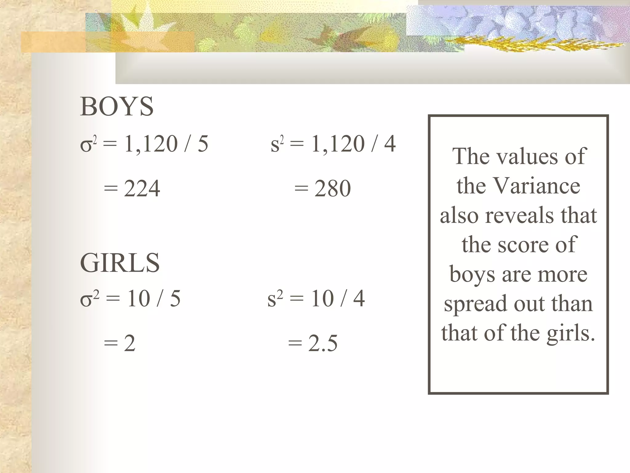 BOYS
σ2
= 1,120 / 5 s2
= 1,120 / 4
= 224 = 280
GIRLS
σ2
= 10 / 5 s2
= 10 / 4
= 2 = 2.5
The values of
the Variance
also reveals that
the score of
boys are more
spread out than
that of the girls.
 