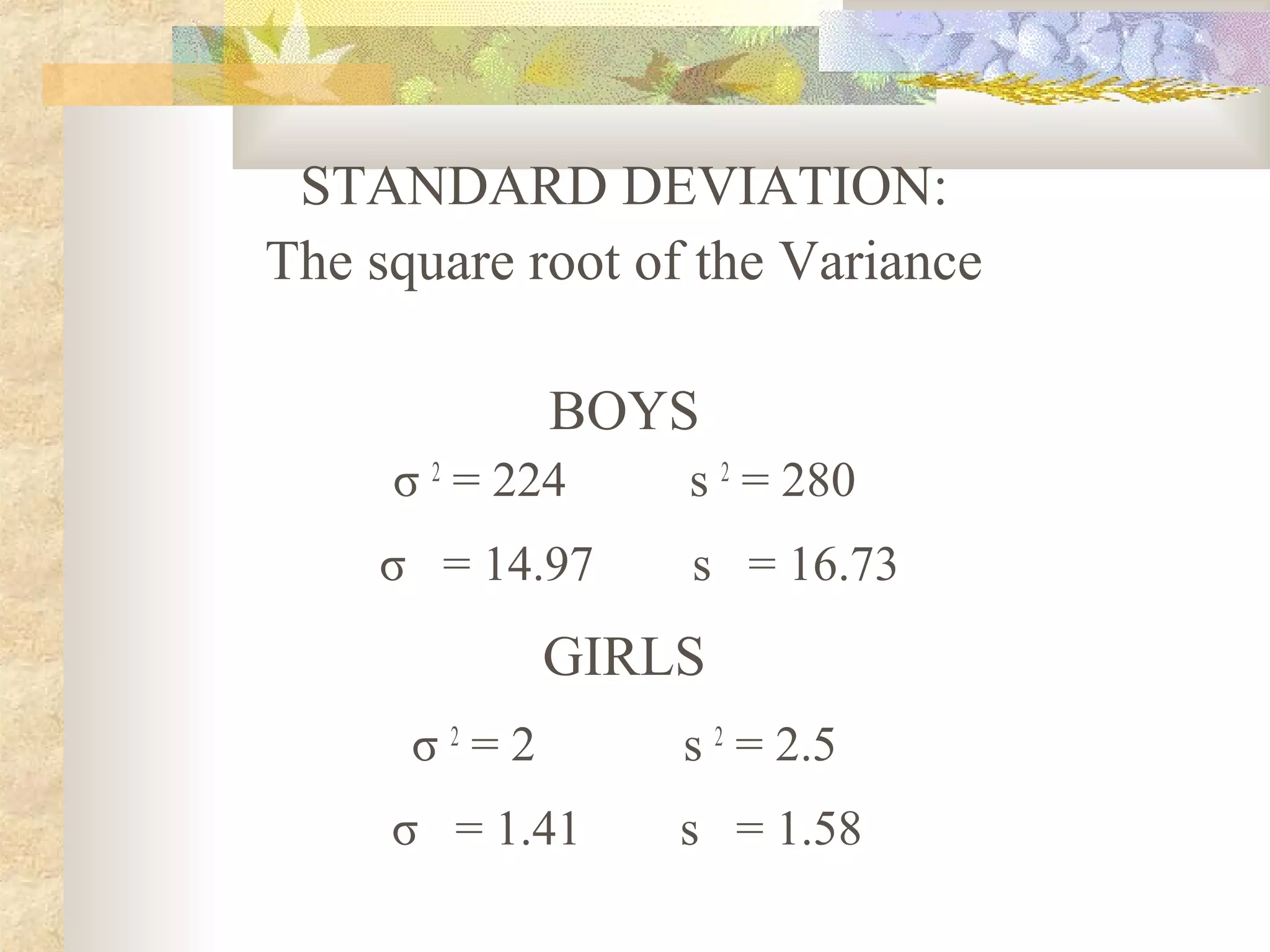 STANDARD DEVIATION:
The square root of the Variance
BOYS
σ 2
= 224 s 2
= 280
σ = 14.97 s = 16.73
GIRLS
σ 2
= 2 s 2
= 2.5
σ = 1.41 s = 1.58
 