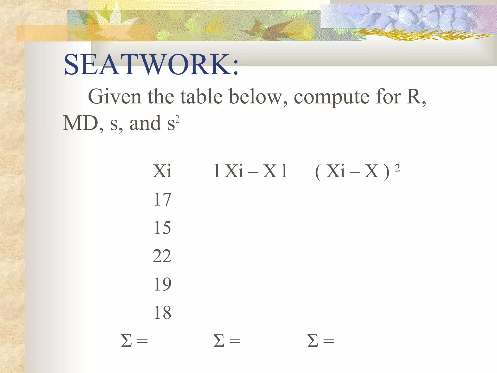 SEATWORK:
Given the table below, compute for R,
MD, s, and s2
Xi l Xi – X l ( Xi – X ) 2
17
15
22
19
18
Σ = Σ = Σ =
 