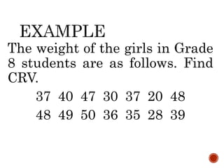 The weight of the girls in Grade
8 students are as follows. Find
CRV.
37 40 47 30 37 20 48
48 49 50 36 35 28 39
 