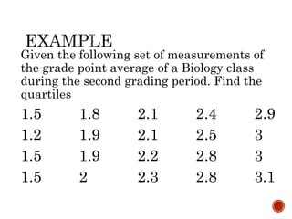 Given the following set of measurements of
the grade point average of a Biology class
during the second grading period. Find the
quartiles
1.5 1.8 2.1 2.4 2.9
1.2 1.9 2.1 2.5 3
1.5 1.9 2.2 2.8 3
1.5 2 2.3 2.8 3.1
 