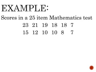 Scores in a 25 item Mathematics test
23 21 19 18 18 7
15 12 10 10 8 7
 
