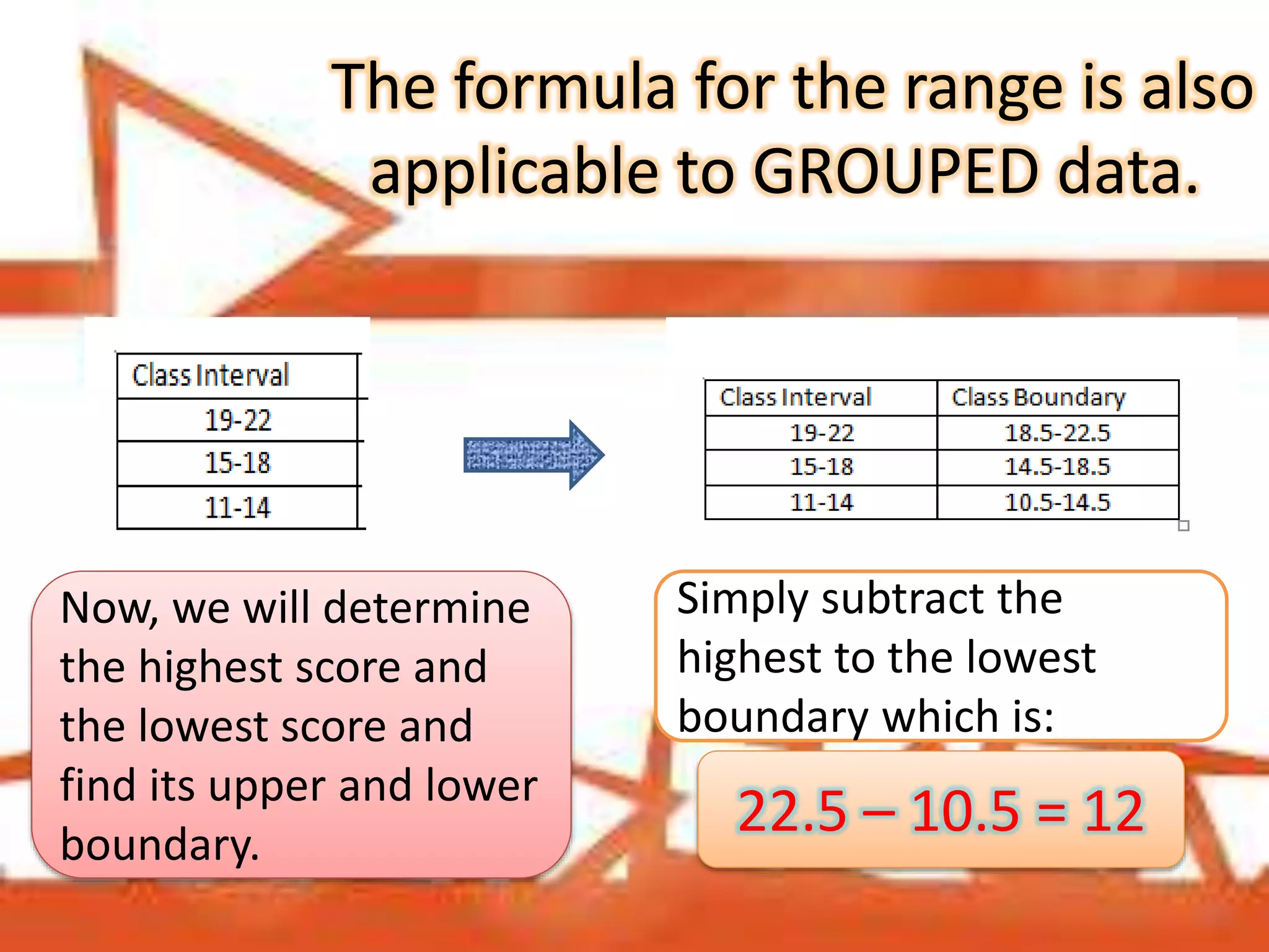 The formula for the range is also
applicable to GROUPED data.
Now, we will determine
the highest score and
the lowest score and
find its upper and lower
boundary.
Simply subtract the
highest to the lowest
boundary which is:
22.5 – 10.5 = 12
 