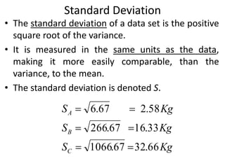 Standard Deviation
• The standard deviation of a data set is the positive
square root of the variance.
• It is measured in the same units as the data,
making it more easily comparable, than the
variance, to the mean.
• The standard deviation is denoted S.
Kg
S
Kg
S
Kg
S
C
B
A
66
.
32
67
.
1066
33
.
16
67
.
266
58
.
2
67
.
6
=
=
=
=
=
=
 