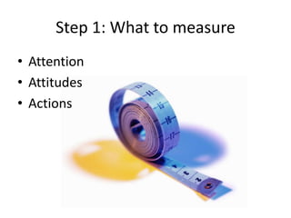 Step 1: What to measure
• Attention
• Attitudes
• Actions
 