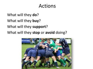 Actions
What will they do?
What will they buy?
What will they support?
What will they stop or avoid doing?
 