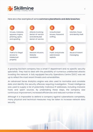 A growing EduTech company has a small IT department and no specific security
specialists. They had to deal with the possibility of numerous undetected attacks
invading the network. A fully equipped Security Operations Centre (SOC) was set
up to reflect the most recent threats and vulnerabilities.

An advanced Sense Analytics engine was also used to normalize and correlate
data and identify the security offences requiring investigation. Threat Intelligence
was used to supply a list of potentially malicious IP addresses, including malware
hosts and spam sources. By undertaking these steps, the company saw
continuous improvement, increased efficiencies and reduced number of risks.

Although it is impossible to defend a company against cyberattacks completely,
many physical and technical measures may be taken to increase network data
security.
Here are a few examples of some common cyberattacks and data breaches:
Viruses, malware,
spyware, trojans,
phishing, spam,
and spoofing
Attacks involving
denial-of-service
and distributed
denial-of-service
Unauthorised
access, Password
sniffing
Extortion, fraud,
and identity theft
Theft of or illegal
access to
intellectual
property
Network intrusion,
Website
vandalism
Public and private
web browser
exploits
Abuse of instant
messaging
2
 