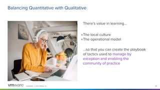 Conﬁdential │ ©2021 VMware, Inc. 28
Balancing Quantitative with Qualitative
There’s value in learning...
●The local culture
●The operational model
...so that you can create the playbook
of tactics used to manage by
exception and enabling the
community of practice
 