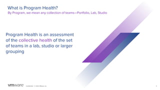 Conﬁdential │ ©2021 VMware, Inc. 3
Program Health is an assessment
of the collective health of the set
of teams in a lab, ...