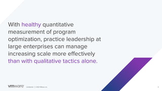 Conﬁdential │ ©2021 VMware, Inc. 6
With healthy quantitative
measurement of program
optimization, practice leadership at
large enterprises can manage
increasing scale more eﬀectively
than with qualitative tactics alone.
 