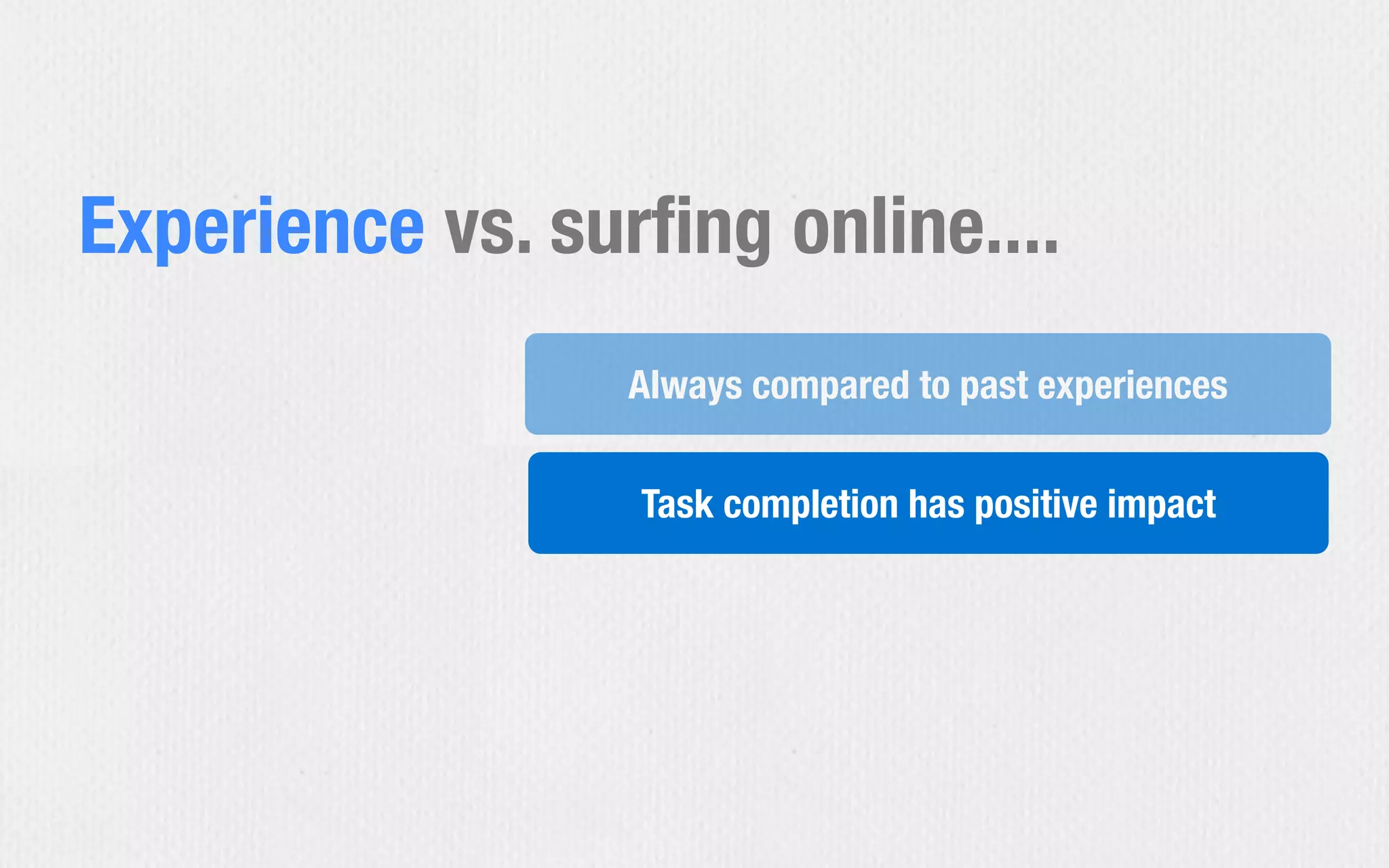 Task completion has positive impact
Always compared to past experiences
Experience vs. surﬁng online....
 
