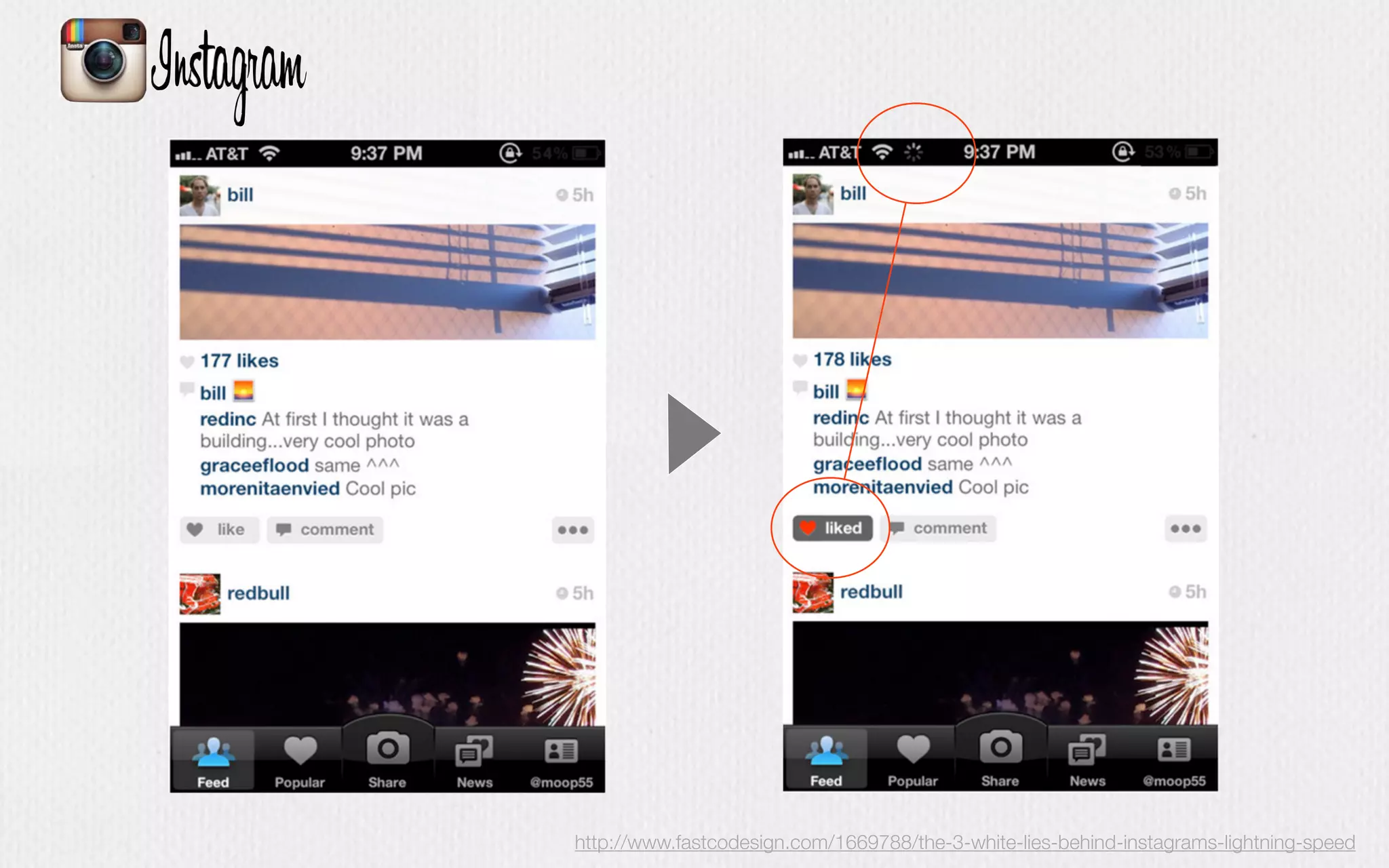 http://www.fastcodesign.com/1669788/the-3-white-lies-behind-instagrams-lightning-speed
 