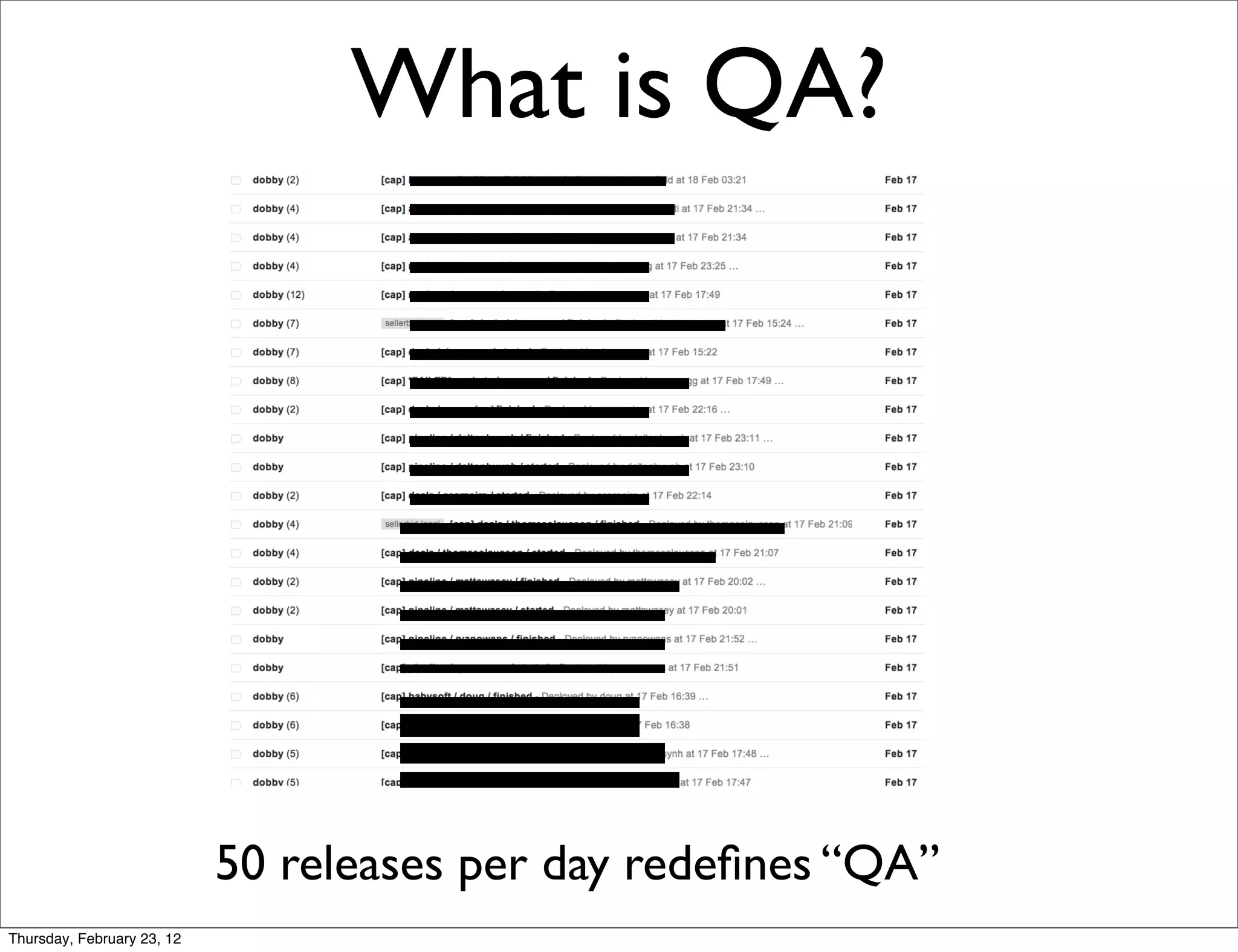 What is QA?




                            50 releases per day redeﬁnes “QA”
Thursday, February 23, 12
 