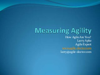 How Agile Are You?
Larry Apke
Agile Expert
www.agile-doctor.com
larry@agile-doctor.com

 