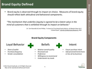 Brand Equity Defined




                                                                                                                                            BRAND EQUITY MEASUREMENT
    Brand equity is observed through its impact on choice. Measures of brand equity
     should reflect both attitudinal and behavioral components.


       “The mechanism that underlies (equity) is agreed to be a latent value in the
       mind of customers that is exhibited through its impact on behavior.”
                                       Dr. Tom Reynolds & Carol Phillips, “In Search of True Brand Equity Metrics: All Market Share Ain’t
                                                                                   Created Equal”, Journal of Advertising Research, 2005




                                                  Brand Equity Components

       Loyal Behavior                                            Beliefs                                          Intent
   •    Share of wallet                              •    Relative overall quality                     •    Future purchase intent
   •    Purchase frequency                           •    Perceived cost                               •    Self-perceived trend (more
   •    Vendor consolidation                         •    Preference                                        or less of my business)
                                                     •    Willingness to recommend
                                                     •    Understands my needs



 2012 Brand Amplitude, LLC All Rights Reserved                        9
  May not be reproduced without permission
 
